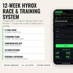 May include: A 12-week Hyrox race and training system guide featuring a 71-page manual, 3 training plans, a companion web app, and 23 equipment substitutions. The digital interface displays a pacing calculator on a smartphone screen with green accents.