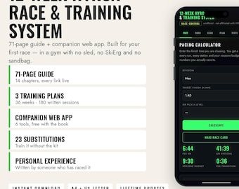 Può includere: Un sistema di allenamento e gara Hyrox di 12 settimane che include un manuale di 71 pagine, 3 piani di allenamento, un'app web e 23 sostituzioni di attrezzatura. L'interfaccia digitale mostra un calcolatore di ritmo su uno schermo smartphone.