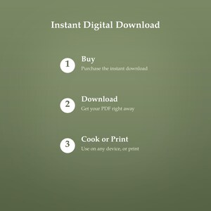 May include: An olive green informational graphic titled Instant Digital Download. It lists three steps: 1. Buy, Purchase the instant download; 2. Download, Get your PDF right away; 3. Cook or Print, Use on any device, or print. The text is white.