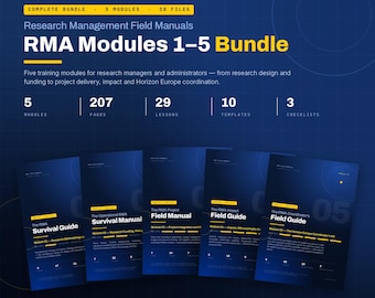 Può includere: Un pacchetto digitale di cinque manuali di gestione della ricerca con copertine blu e testo giallo. Il set include 207 pagine, 29 lezioni, 10 modelli e 3 liste di controllo su progettazione, finanziamento, consegna e coordinamento dei progetti.