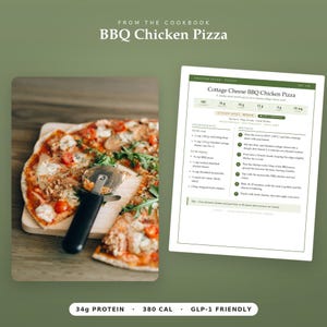 May include: A BBQ chicken pizza topped with red onion, cheese, and cilantro on a wooden board with a metal pizza cutter, alongside a printed recipe card titled Cottage Cheese BBQ Chicken Pizza with nutritional facts and preparation instructions.