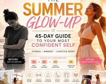 Può includere: Una guida digitale intitolata The Summer Glow-Up 45-Day Guide to Your Most Confident Self. Include testo su fitness, mentalità e stile di vita, con icone per routine mattutina, allenamento, idratazione, cura della pelle e diario personale.