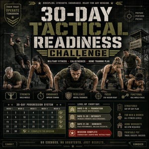 Può includere: Un poster di fitness 30-Day Tactical Readiness Challenge con immagini di allenamento in stile militare. Il design include un calendario di progressione di 30 giorni, descrizioni delle fasi di allenamento e testo su uno sfondo scuro.