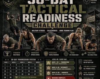 30 Day Military Fitness Challenge Calisthenics Home Workout Plan No Equipment Bodyweight Training Printable PDF for Men and Women