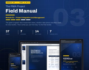 Può includere: Un documento digitale intitolato The RMA Project Field Manual Module 03 Project Integration and Management, visualizzato su smartphone, portatile e tablet. L'interfaccia blu e gialla include 37 pagine, 7 lezioni, 14 sezioni e 7 liste di controllo.