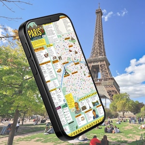 May include: A black smartphone displaying a digital map of Paris titled Paris Map Made by Locals for Young Travellers. The screen shows detailed city information, including text, icons, and a map layout with various points of interest and travel tips.