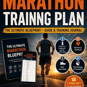 Op de afbeelding: Een digitale marathon trainingsplan gids en dagboek met de tekst MARATHON TRAINING PLAN, THE ULTIMATE BLUEPRINT en TRAIN SMART. FUEL RIGHT. FINISH STRONG. Bevat een 16-weken schema, genummerde iconen voor herstel en uitrusting, en een gratis geschenk.