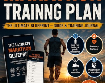 Piano di allenamento per maratona e mezza maratona: programma stampabile di 16 settimane, giorno per giorno, per la pianificazione della corsa, guida all'alimentazione e al recupero, sfida di corsa di 30 giorni