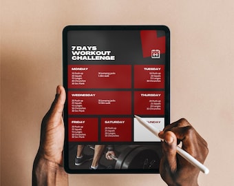 Può includere: Un tablet digitale che mostra un programma di sfida di allenamento di 7 giorni con testo bianco su sfondo nero e rosso scuro. Il layout include elenchi di esercizi giornalieri dal lunedì alla domenica, tra cui flessioni, squat e affondi.