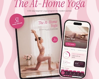Può includere: Un programma di yoga digitale che include una guida PDF di 51 pagine e un'applicazione web. Lo schermo mostra una persona in una posizione yoga, con il testo The At-Home Yoga, programma di yoga per principianti di 30 giorni e 16 pose guidate.