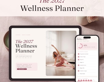 Può includere: Un'agenda digitale visualizzata sullo schermo di un tablet e di uno smartphone. Il tablet mostra il titolo The 2027 Wellness Planner, una foto di una persona che fa stretching e testo di compatibilità. Il telefono mostra un tracker delle abitudini.