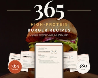 Può includere: Un ricettario digitale in PDF intitolato 365 High-Protein Burger Recipes con l'immagine di un hamburger sullo sfondo. La copertina mostra testo tra cui 365 Recipes e 380 Pages, con un tablet che mostra una pagina di ricetta e dati nutrizionali.