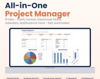 Può includere: Uno strumento digitale di gestione progetti per Microsoft Excel e Google Sheets intitolato All-in-One Project Manager. L'interfaccia mostra una dashboard di progetto con tabelle dati, un grafico a torta e un grafico a barre.
