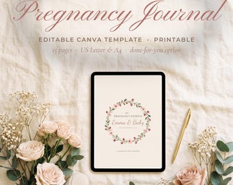 Può includere: Un tablet digitale che mostra un modello di diario di gravidanza personalizzato con una corona floreale, circondato da rose rosa pallido, nebbiolina e scarpine lavorate a maglia. Il testo recita Personalized Pregnancy Journal, Editable Canva Template, Printable, 15 pages, US Letter & A4, done-for-you option.