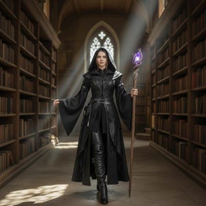 May include: A person in a black hooded cloak and leather outfit stands in a library, holding a wooden staff with a glowing purple crystal. The outfit includes a long coat, belt, and high boots. The background features bookshelves and a stained-glass window.