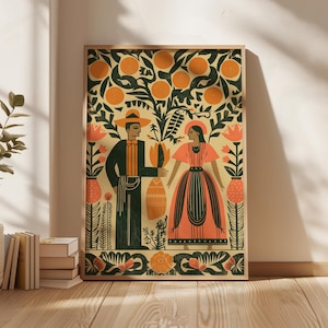 May include: A framed art print depicting a couple beneath an orange tree in a folk art style. The print uses orange, green, and beige tones. The couple wears traditional clothing, and the background is filled with floral and botanical motifs.