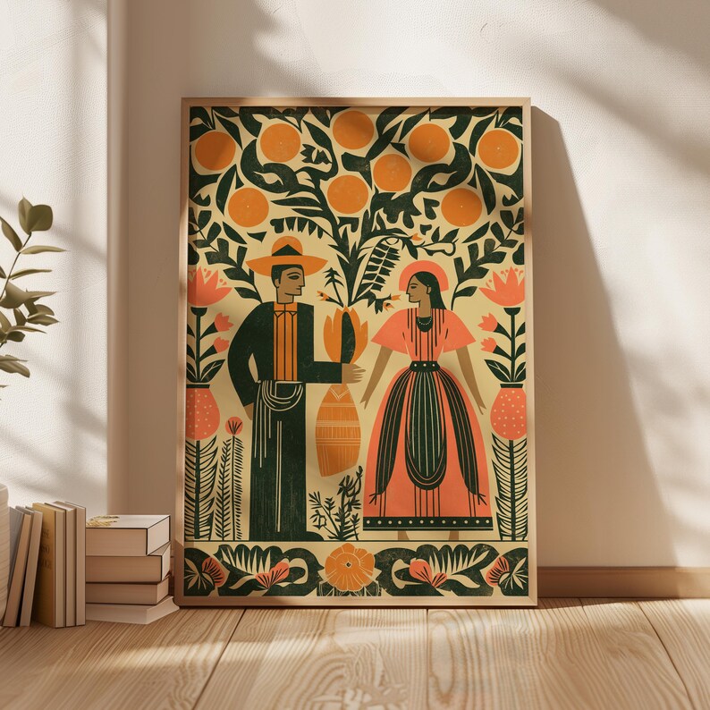 May include: A framed art print depicting a couple beneath an orange tree in a folk art style. The print uses orange, green, and beige tones. The couple wears traditional clothing, and the background is filled with floral and botanical motifs.