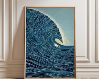 Japanese Great Wave Digital Download, Epic Surf Scene Wall Art, Instant Print Ocean Wave Poster, Minimalist Blue Coastal Illustration