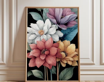 Arte digital floral oscuro, póster de flores botánicas melancólicas, impresión instantánea, decoración natural colorida.