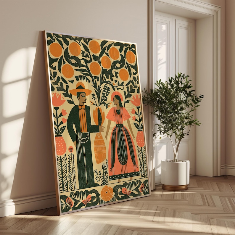 May include: A framed art print depicting a couple beneath an orange tree, rendered in a stylized illustration. The artwork uses orange, green, and cream tones, with floral and botanical motifs. The couple is dressed in traditional clothing.