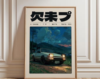 JDM Night Drive Illustration Download, Anime Countryside Car Artwork, Retro Japanese Digital Print