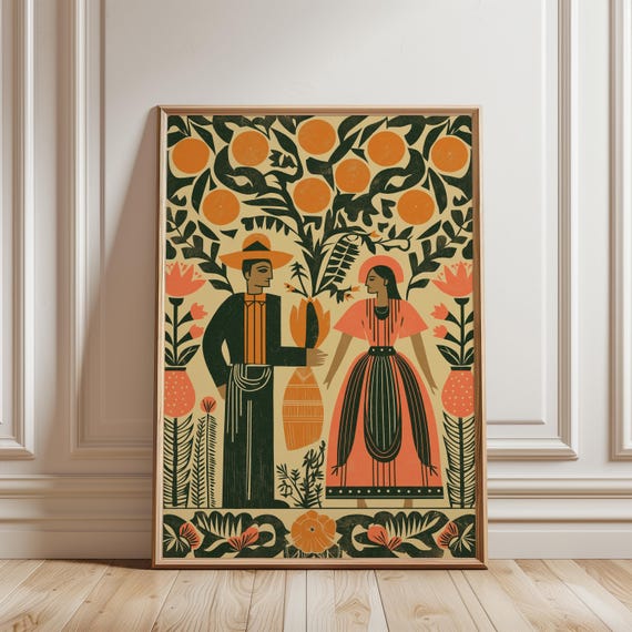 Mexican Folk Couple Poster, Traditional Wall Art Printable, Cultural Illustration Botanical Home Decor