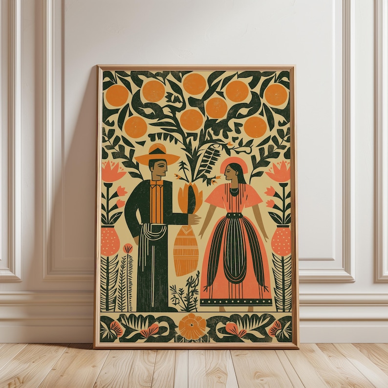 May include: A framed art print with a folk art style illustration of a couple under an orange tree. The artwork uses orange, green, and cream colours. The man wears a hat and suit, the woman a dress. Floral elements surround the figures, creating a decorative border.