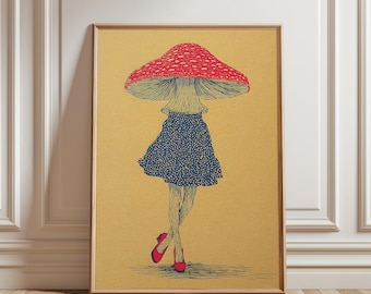 Mushroom Girl Digital Download, Whimsical Surrealist Art, Instant Print Cottagecore Decor, Retro Botanical Fantasy Illustration