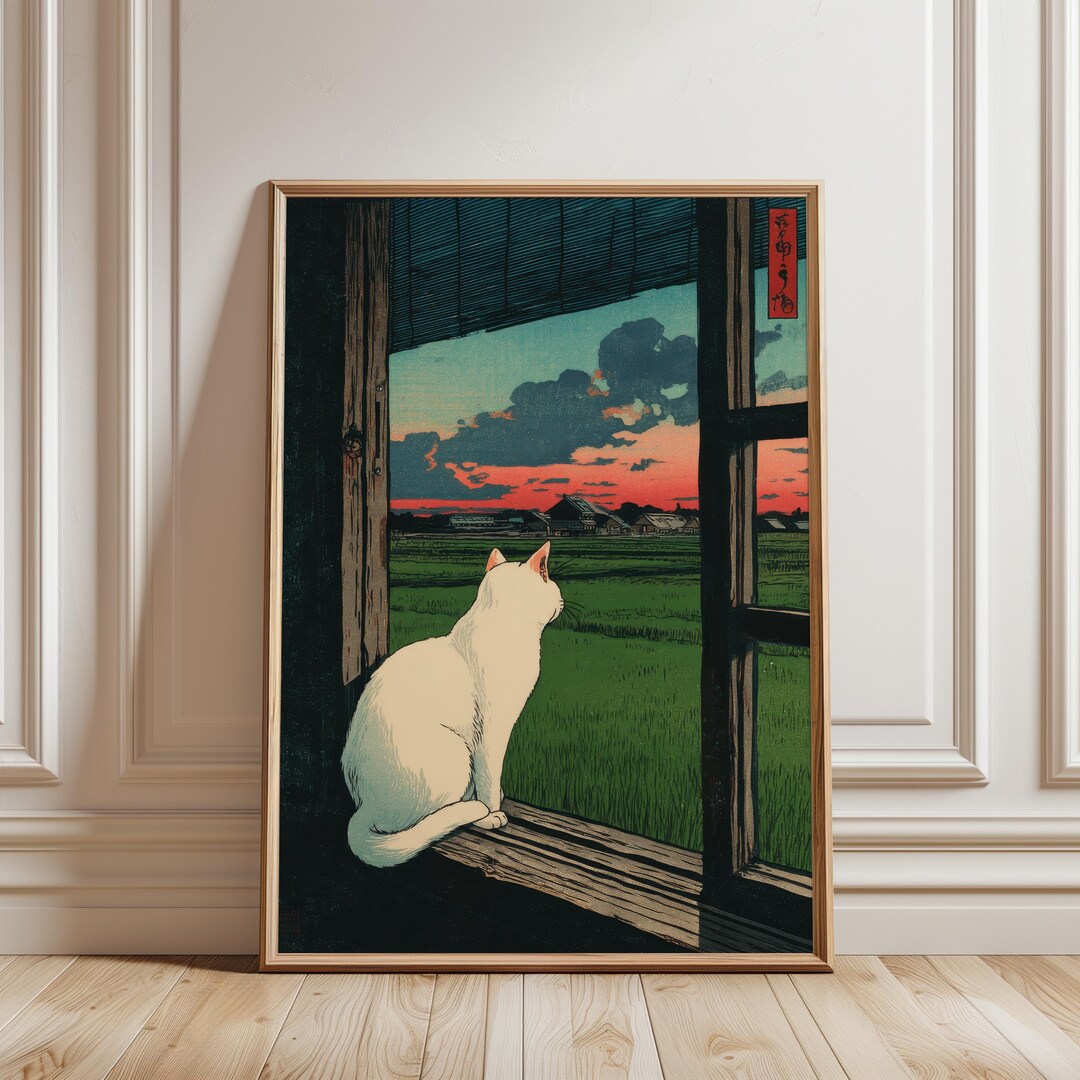 Cat Watching Sunset Window Scene, Japanese Style Landscape Wall Art ...