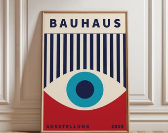 Póster de la exposición Bauhaus 1919 Eye, descarga digital instantánea, arte azul marino y rojo, impresión abstracta moderna en colores primarios.