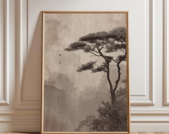 Japanese Ink Landscape Printable Poster, Zen Minimal Tree Artwork, Calm Digital Wall Decor