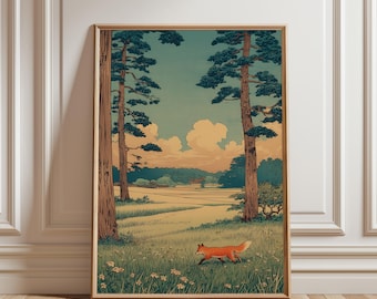 Könnte beinhalten: Gerahmter Kunstdruck mit einer stilisierten Landschaft, die einen Fuchs zeigt, der durch ein Feld läuft. Das Kunstwerk hat eine Vintage-Ästhetik mit einer Farbpalette aus Grün, Blau und Orange. Zwei hohe Bäume rahmen die Szene ein.