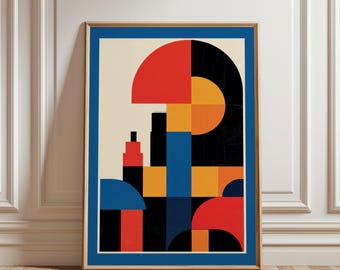 May include: Abstract geometric art print in a wooden frame. The artwork features a bold composition of shapes in red, black, blue, and yellow against a cream background, framed with a blue border. The print is displayed on a wooden floor.