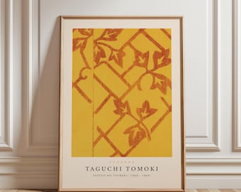 May include: Framed art print featuring a yellow and orange floral pattern. The artwork includes the text "TAGUCHI TOMOKI" and "TATSUO NO TSURAKI (1860 - 1869)". The print is displayed in a wooden frame against a white wall.