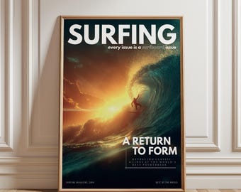Surfing Digital Wall Art, Sunset Ocean Wave Download, Printable Surf Decor