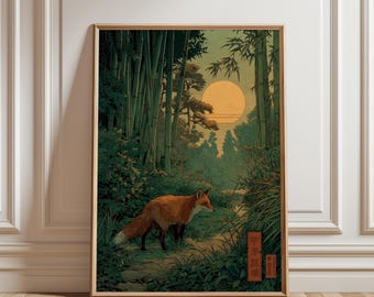 Könnte beinhalten: Ein gerahmter Kunstdruck, der einen Fuchs in einem Bambuswald bei Sonnenuntergang zeigt. Der Fuchs hat orangefarbenes Fell und geht auf einem Pfad. Der Hintergrund zeigt hohe Bambusbäume, üppiges Grün und eine große, gelbe Sonne.