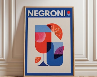 Minimalist Negroni Poster, Mid-Century Modern Cocktail Printable Art, Classic Bar Cart Wall Decor