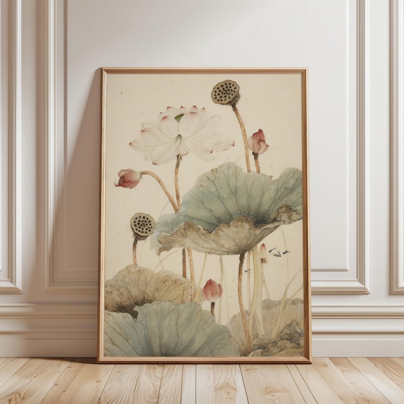 Vintage Lotus Botanical Poster, Japanese Floral Illustration Printable ...