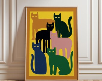 Bunte Katzen Wandkunst, Wunderliche Tier Poster, Moderne Haustiere Illustration
