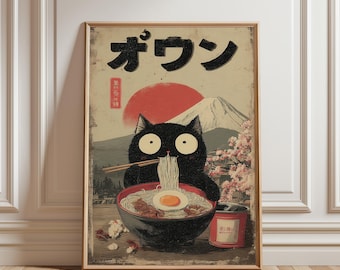 Black Cat Eating Ramen Digital Download, Japanese Style Mount Fuji Art, Kawaii Cat and Cherry Blossom Poster, Instant Anime Wall Decor