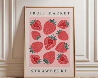 Strawberry Fruit Market Art Download, Minimal Kitchen Printable Poster, Modern Food Digital Wall Decor
