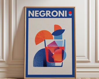 Minimalist Negroni Poster, Mid-Century Modern Cocktail Printable Art, Classic Bar Cart Wall Decor