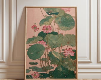 Japanese Lotus Pond Illustration Print, Vintage Asian Botanical Wall Art, Minimal Zen Poster