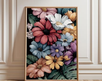 Arte digital floral oscuro, póster de flores botánicas melancólicas, impresión instantánea, decoración natural colorida.