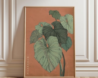 Tropical Botanical Printable Art, Vintage Monstera Digital Download, Japandi Terracotta Illustration