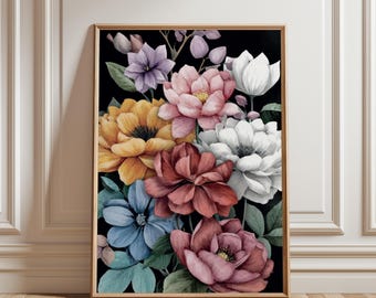 Arte digital floral oscuro, póster de flores botánicas melancólicas, impresión instantánea, decoración natural colorida.