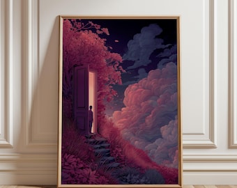 Surrealistisk fantasi utskrivbar affisch, drömlandskapsportalkonstverk, mystisk digital väggdekor