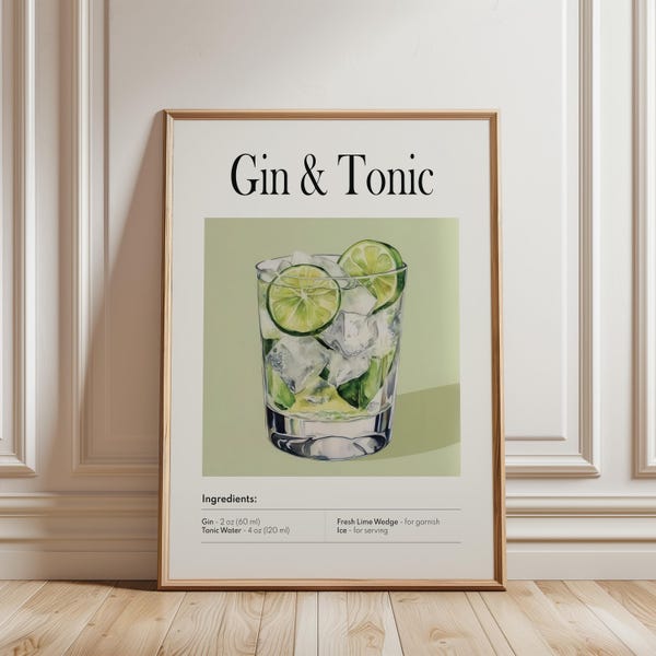 Classic Gin and Tonic Poster, Elegant Spirit Recipe Design, Printable Interior Art