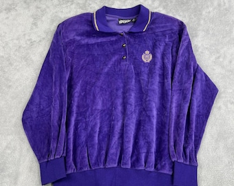 Jaclyn Sport Vintage Velour Polo Pullover M Purple Women Retro Embroidered Crest