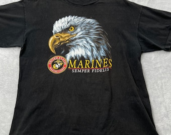 VTG US Marines Semper Fidelis Single Stitch Eagle Graphic T-Shirt Faded Black XL
